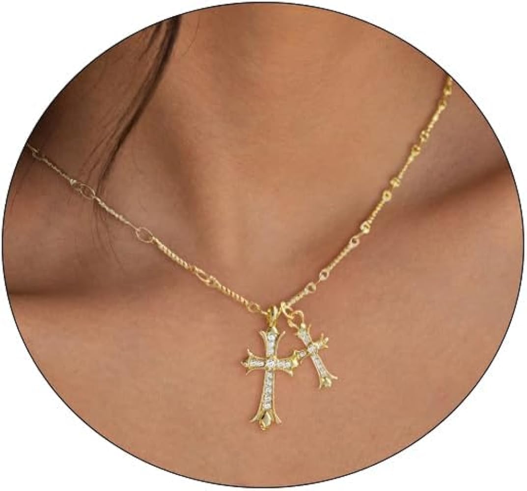 Cross Necklace 14K Gold/Silver Plated Double Cross Pendant Necklace Dainty Diamond Cross Charm Link Chain Choker Delicate Faith Jewelry Religious Gifts for Women