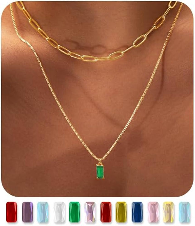 Dainty Gold Birthstone Necklaces for Women Non Tarnish, Trendy Blue Green Cubic Zirconia Emerald Pendant Charm Gold Necklaces Birthday Gifts for Women Waterproof Jewelry