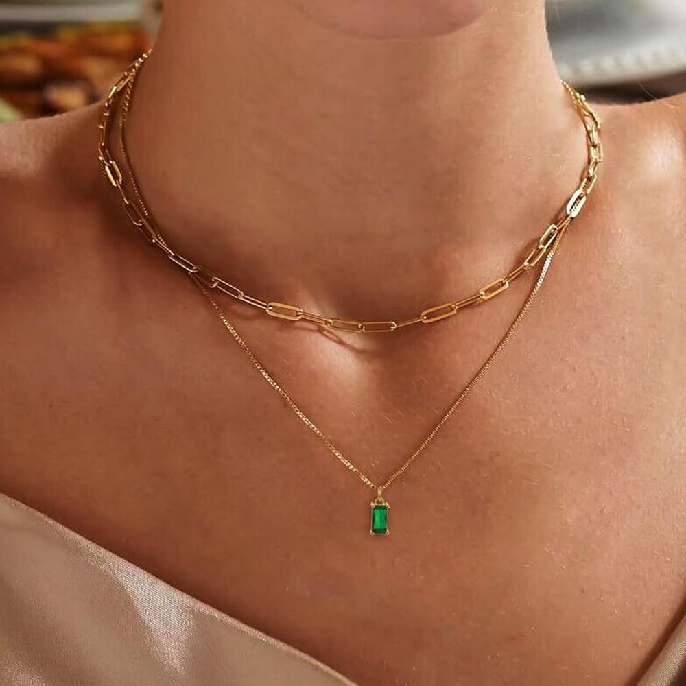 Dainty Gold Birthstone Necklaces for Women Non Tarnish, Trendy Blue Green Cubic Zirconia Emerald Pendant Charm Gold Necklaces Birthday Gifts for Women Waterproof Jewelry