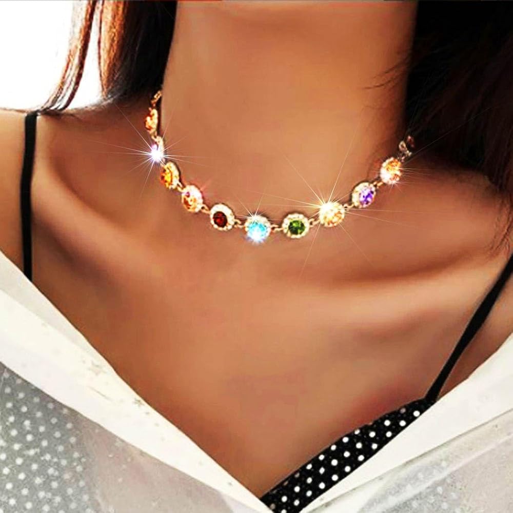 Colorful Crystal Choker Necklace Sparkly Rhinestone Chokers Necklaces Gold Chain Party Prom Neck Jewelry for Women