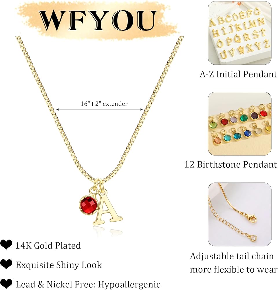 WFYOU Initial Birthstone Necklaces for Women Trendy 14K Gold Plated Letter A-Z initial Necklace Dainty Initial Birthstone Pendant Name Necklace Personalized Birthday Christmas Gifts for Women Jewelry