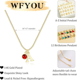 WFYOU Initial Birthstone Necklaces for Women Trendy 14K Gold Plated Letter A-Z initial Necklace Dainty Initial Birthstone Pendant Name Necklace Personalized Birthday Christmas Gifts for Women Jewelry