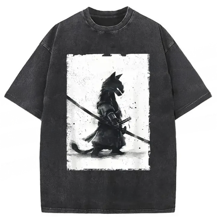 Retro Cat Samurai Japanese Washed T-Shirt