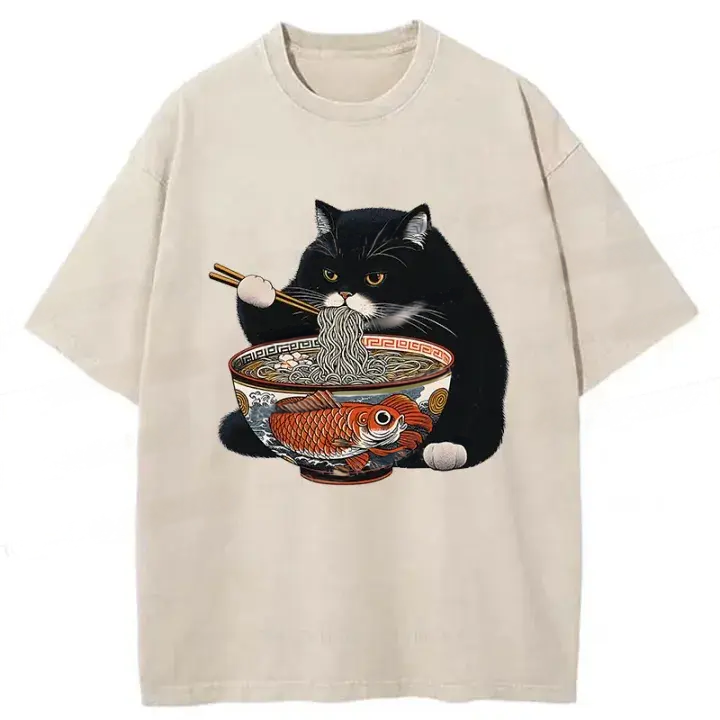 Tiger Fat Cat Eating Ramen Washed T-Shirt